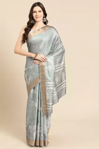 Silk Land Grey Digital Print Soft Silk Blend Saree With Unstitched Blouse Piece
