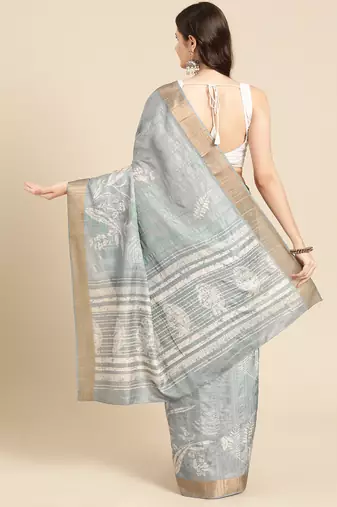 Silk Land Grey Digital Print Soft Silk Blend Saree With Unstitched Blouse Piece