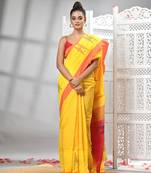 Yellow cotton blend all body motive with rani pallu handloom saree