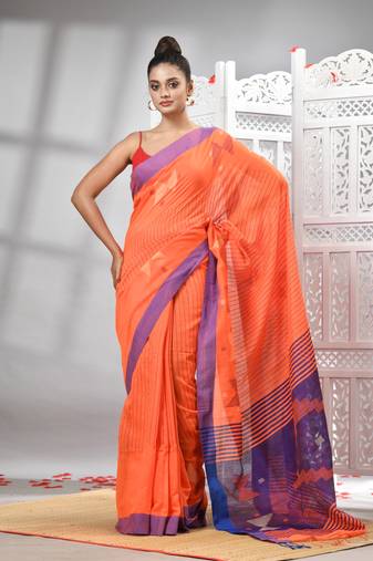 Orange cotton blend all body motive with blue pallu handloom saree