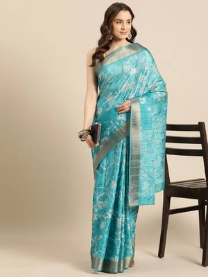 Silk Land Teal Digital Print Soft Silk Blend Saree With Unstitched Blouse Piece 1