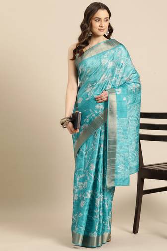 Silk Land Teal Digital Print Soft Silk Blend Saree With Unstitched Blouse Piece