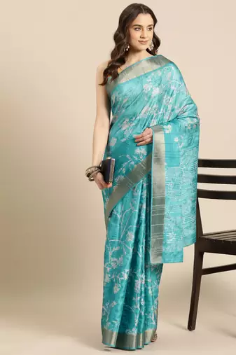 Silk Land Teal Digital Print Soft Silk Blend Saree With Unstitched Blouse Piece