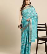 Silk Land Teal Digital Print Soft Silk Blend Saree With Unstitched Blouse Piece