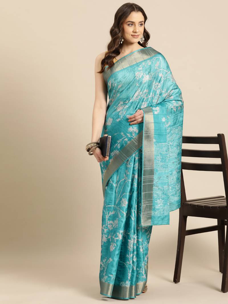 Silk Land Teal Digital Print Soft Silk Blend Saree With Unstitched Blouse Piece