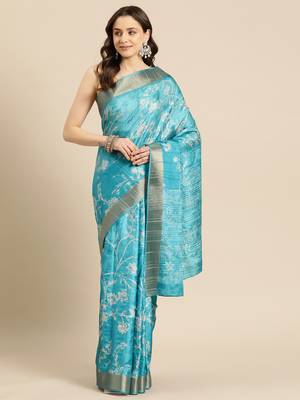 Silk Land Teal Digital Print Soft Silk Blend Saree With Unstitched Blouse Piece 2