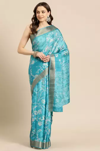 Silk Land Teal Digital Print Soft Silk Blend Saree With Unstitched Blouse Piece