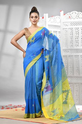 Aqua blue cotton blend all body motive with yellow pallu handloom saree