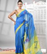 Aqua blue cotton blend all body motive with yellow pallu handloom saree