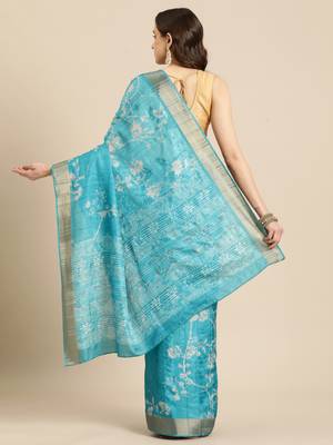 Silk Land Teal Digital Print Soft Silk Blend Saree With Unstitched Blouse Piece 3