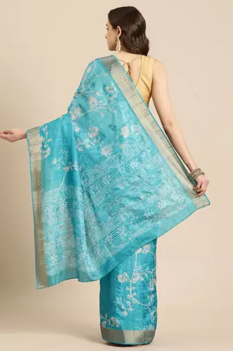 Silk Land Teal Digital Print Soft Silk Blend Saree With Unstitched Blouse Piece