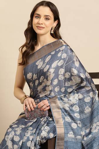 Silk Land Blue Digital Print Soft Silk Blend Saree With Unstitched Blouse Piece
