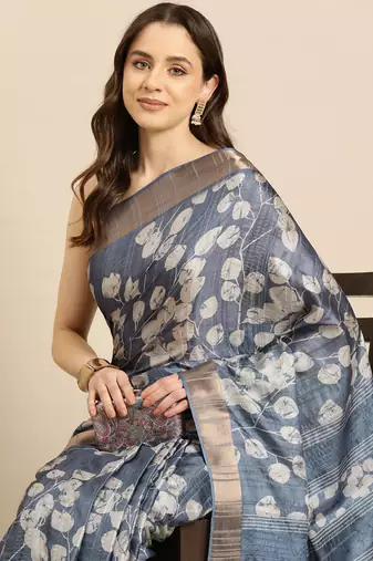 Silk Land Blue Digital Print Soft Silk Blend Saree With Unstitched Blouse Piece