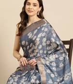 Silk Land Blue Digital Print Soft Silk Blend Saree With Unstitched Blouse Piece