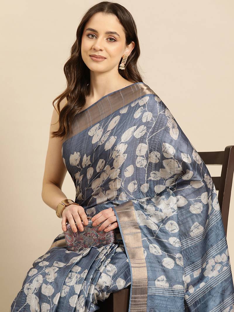 Silk Land Blue Digital Print Soft Silk Blend Saree With Unstitched Blouse Piece