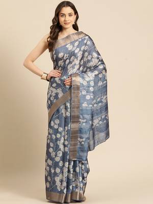 Silk Land Blue Digital Print Soft Silk Blend Saree With Unstitched Blouse Piece 2