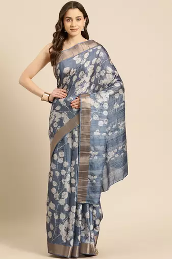 Silk Land Blue Digital Print Soft Silk Blend Saree With Unstitched Blouse Piece