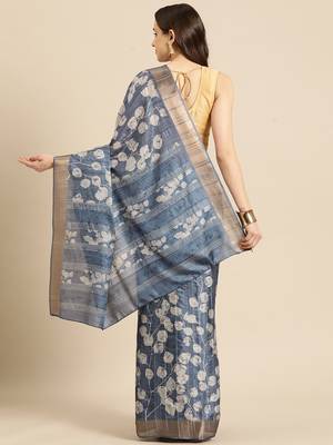 Silk Land Blue Digital Print Soft Silk Blend Saree With Unstitched Blouse Piece 3