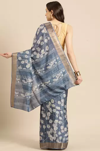 Silk Land Blue Digital Print Soft Silk Blend Saree With Unstitched Blouse Piece
