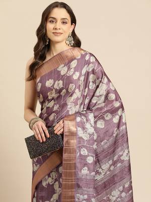 Silk Land Purple Digital Print Soft Silk Blend Saree With Unstitched Blouse Piece 1