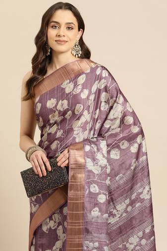 Silk Land Purple Digital Print Soft Silk Blend Saree With Unstitched Blouse Piece
