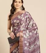 Silk Land Purple Digital Print Soft Silk Blend Saree With Unstitched Blouse Piece