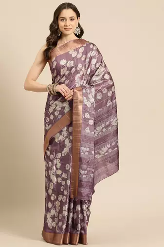 Silk Land Purple Digital Print Soft Silk Blend Saree With Unstitched Blouse Piece
