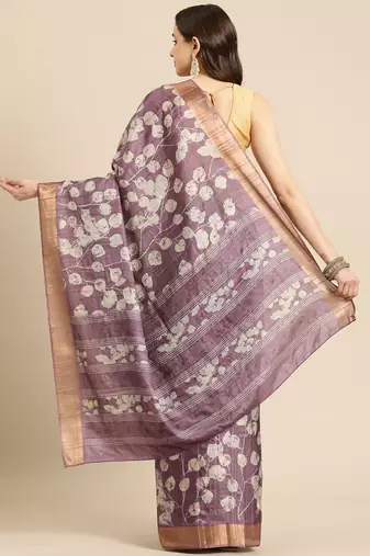 Silk Land Purple Digital Print Soft Silk Blend Saree With Unstitched Blouse Piece
