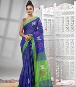 Blue cotton blend all body motive with green pallu handloom saree