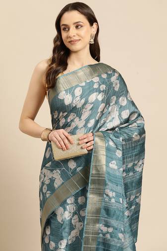 Silk Land Teal Digital Print Soft Silk Blend Saree With Unstitched Blouse Piece