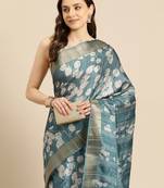 Silk Land Teal Digital Print Soft Silk Blend Saree With Unstitched Blouse Piece