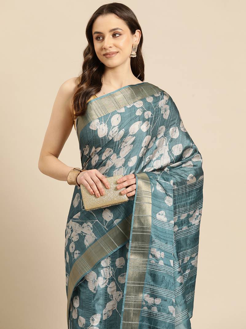 Silk Land Teal Digital Print Soft Silk Blend Saree With Unstitched Blouse Piece