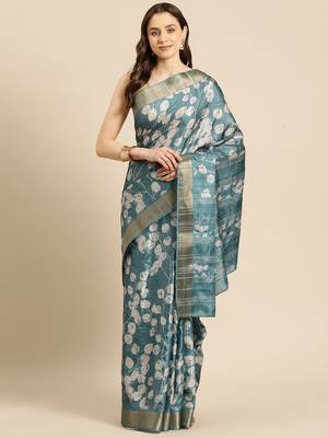 Silk Land Teal Digital Print Soft Silk Blend Saree With Unstitched Blouse Piece 2