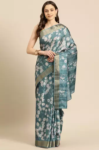 Silk Land Teal Digital Print Soft Silk Blend Saree With Unstitched Blouse Piece