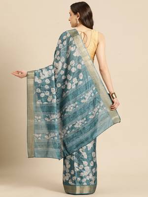 Silk Land Teal Digital Print Soft Silk Blend Saree With Unstitched Blouse Piece 3