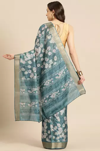 Silk Land Teal Digital Print Soft Silk Blend Saree With Unstitched Blouse Piece