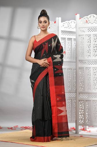 Black cotton blend all body motive with red pallu handloom saree
