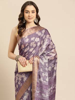 Silk Land Lavender Digital Print Soft Silk Blend Saree With Unstitched Blouse Piece 1