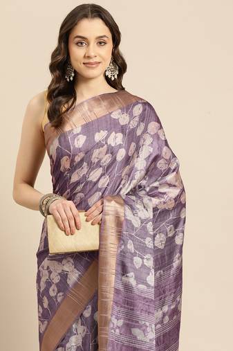 Silk Land Lavender Digital Print Soft Silk Blend Saree With Unstitched Blouse Piece