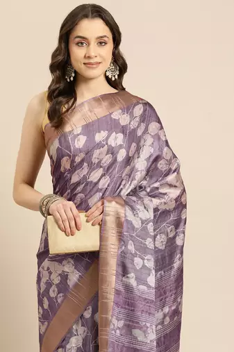 Silk Land Lavender Digital Print Soft Silk Blend Saree With Unstitched Blouse Piece