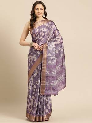 Silk Land Lavender Digital Print Soft Silk Blend Saree With Unstitched Blouse Piece 2