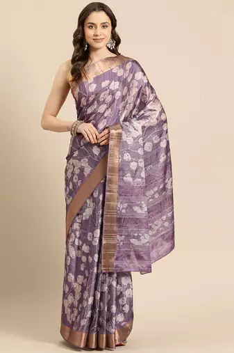 Silk Land Lavender Digital Print Soft Silk Blend Saree With Unstitched Blouse Piece