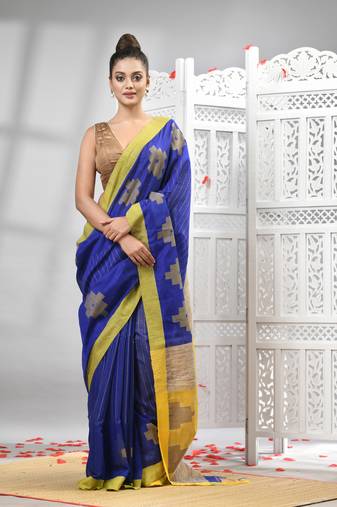 Blue cotton blend all body motive with yellow pallu handloom saree