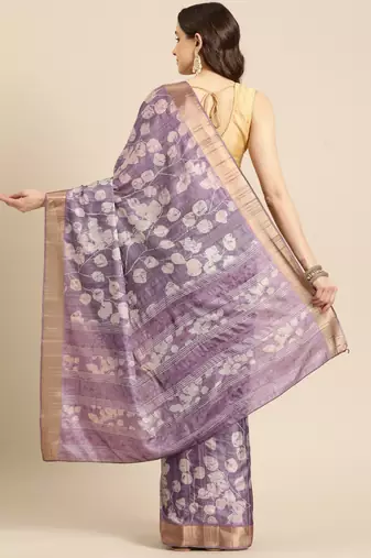 Silk Land Lavender Digital Print Soft Silk Blend Saree With Unstitched Blouse Piece