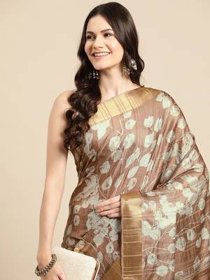 Silk Land Brown Digital Print Soft Silk Blend Saree With Unstitched Blouse Piece 1
