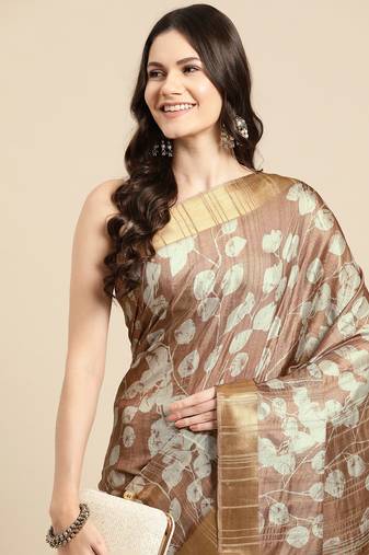 Silk Land Brown Digital Print Soft Silk Blend Saree With Unstitched Blouse Piece