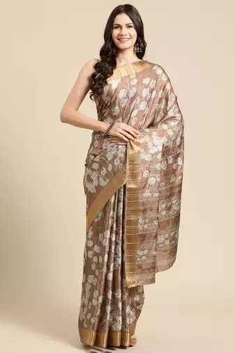 Silk Land Brown Digital Print Soft Silk Blend Saree With Unstitched Blouse Piece