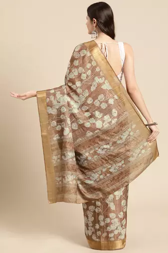 Silk Land Brown Digital Print Soft Silk Blend Saree With Unstitched Blouse Piece