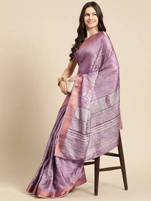 Silk Land Lavender Digital Print Soft Silk Blend Saree With Unstitched Blouse Piece 1