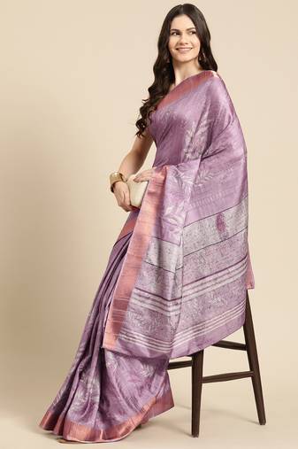 Silk Land Lavender Digital Print Soft Silk Blend Saree With Unstitched Blouse Piece